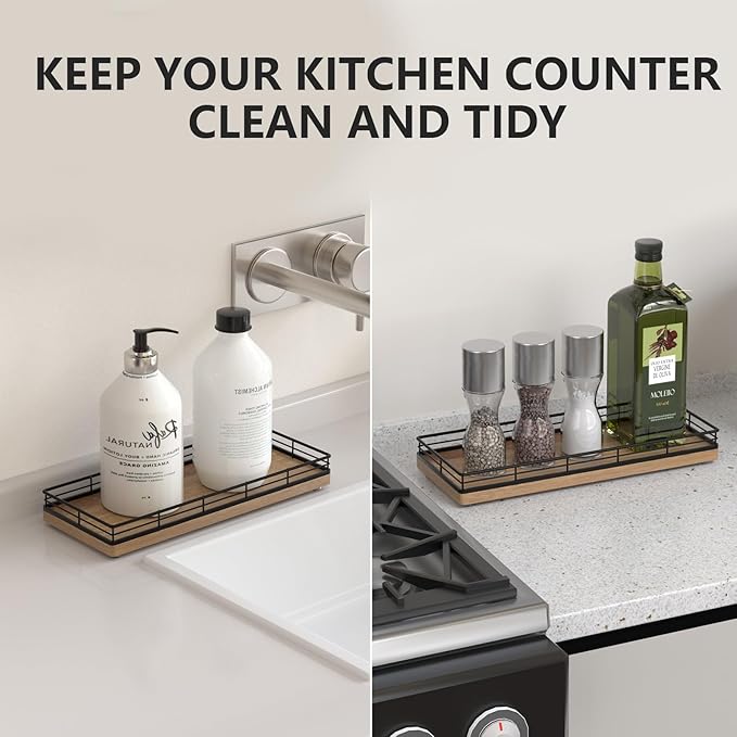 Bathroom Tray for Counter Top Organizer – Acacia Wood Vanity Tray with Metal Frame for Dresser, Kitchen, Nightstand – Black & Acacia Decorative Storage
