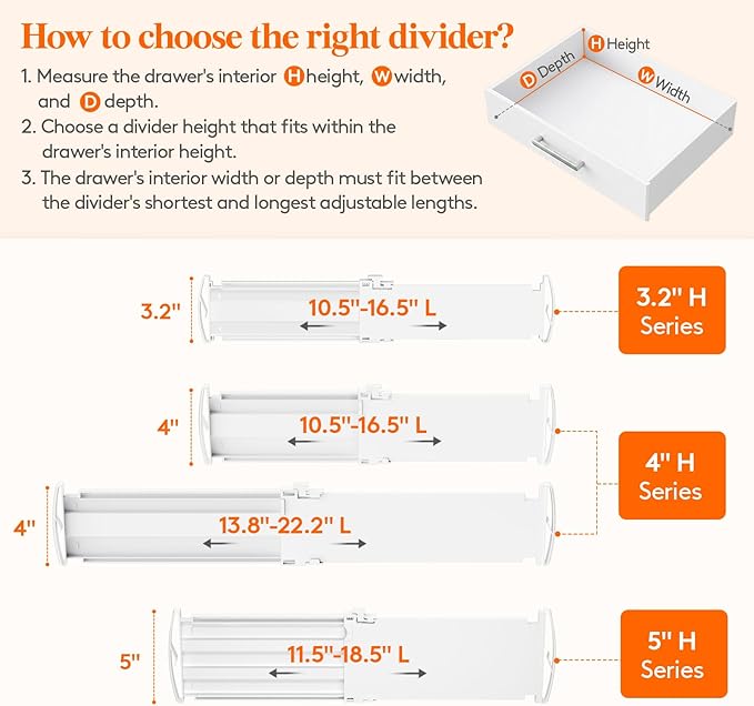 Lifewit Drawer Dividers for Clothes, 3.2" High 10.5"-16.5" Expandable Dresser Drawer Organizers, Adjustable White Plastic Separators for Kitchen, Cabinet, Nursery, Socks & Underwear Storage, 4 Pack