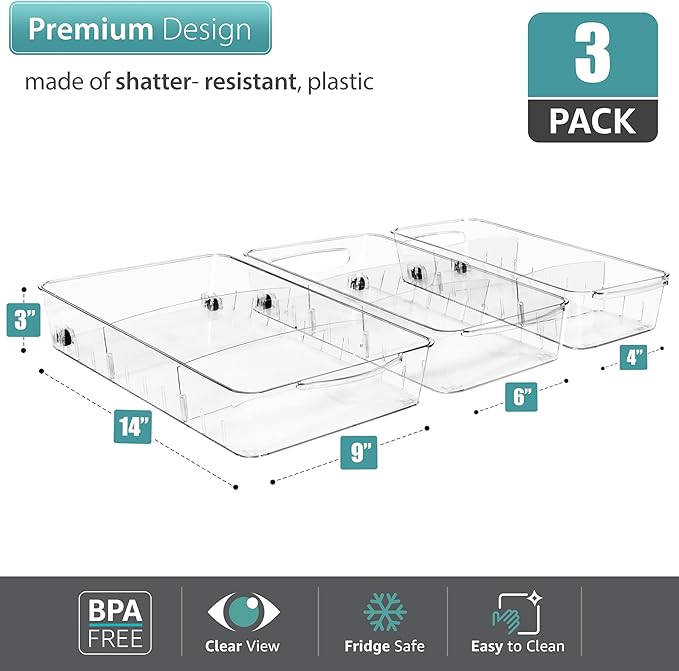 Sorbus Fridge Organizer on Wheels - Rolling Fridge Organizers and Storage Clear Design with Dividers & Handles for Kitchen Organization and Storage (Flat Top)