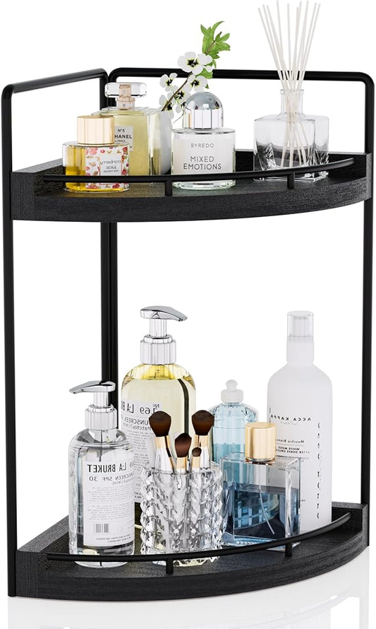 Corner Bathroom Counter Organizer, 2 Tier Wood Vanity Storage, Black-2 Tier