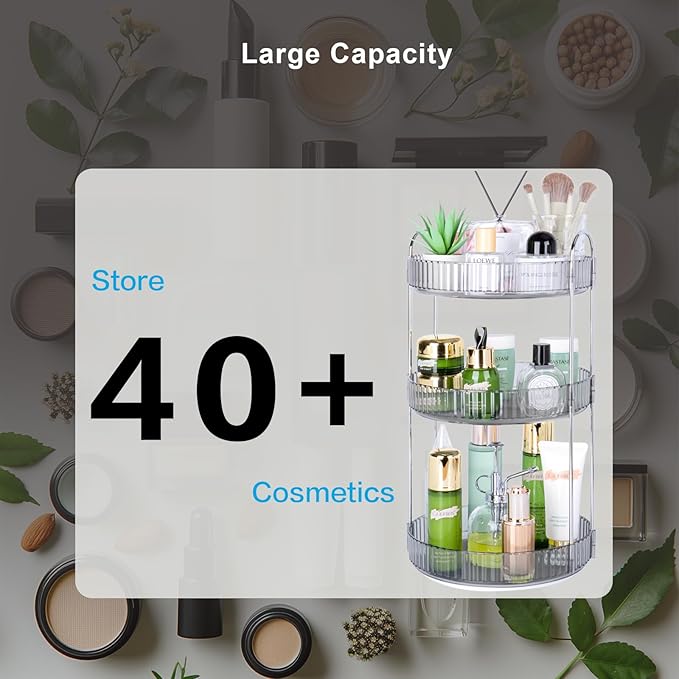 360 Rotating Makeup Organizer, Classic Grey, 3 Tier