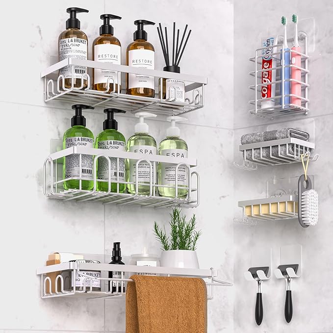 DTUQYX Shower Caddy 9 Pack,Adhesive Organizer for Bathroom Decor Accessories & Kitchen Storage,No Drilling,Large Capacity,Rustproof Stainless Steel Organizer,Home Decor Shelves