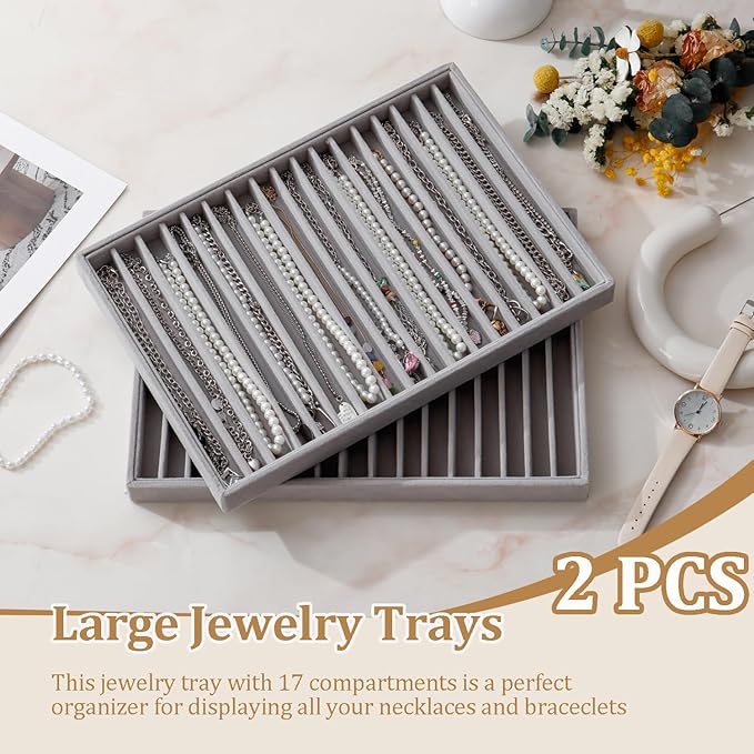 Large Velvet Jewelry Tray 2 Pack Stackable Jewelry Display Drawer Inserts Trays Organizer for Earring Bracelet Necklace Ring (Gray, 16 Grids)