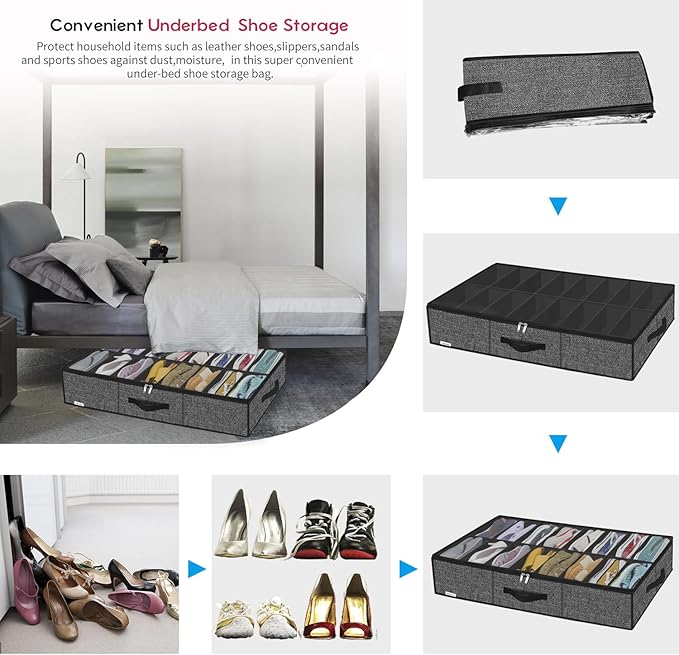 Sturdy Under Bed Shoe Storage Solution Organizer For Closet Fit 16x2 Pairs