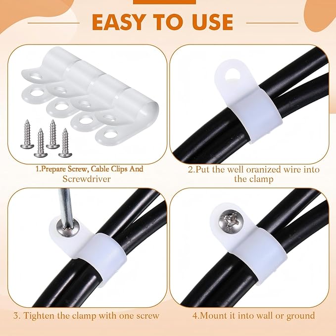 Hicarer 50 Pack R-Type Cable Clip Wire Clamp, Nylon Screw Mounting Cord Fastener Clips with 50 Pack Screws for Wire Management (White,3/8Inch)