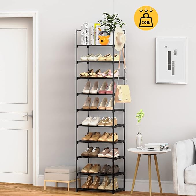 Narrow Shoe Rack 10 Tiers Tall Shoe Rack for Entryway Closet 20 24 Pairs Shoe & Boots Organizer Storage Shelf Durable Black Metal Stackable Shoe Cabinet with Hooks, 17.1D x 11.8W x 78.7H in