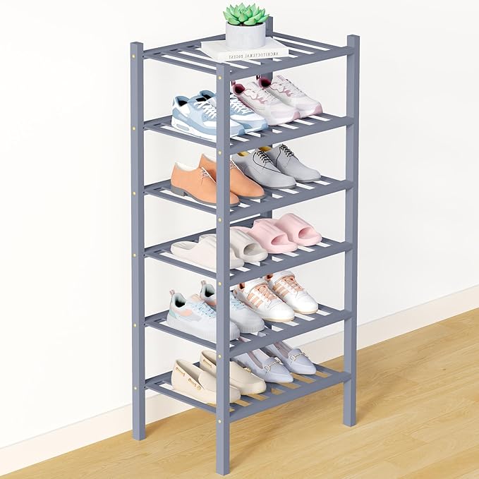 Smiry Bamboo Shoe Rack for Closet, 6 Tier Small Wooden Shoe Organizer, Stackable Wood Shoe Storage Shelf for Entryway, 14 Vertical Slats, 3+3 Stack Heavy-Duty Legs, 17.32"x11.02"x36.61", Grey