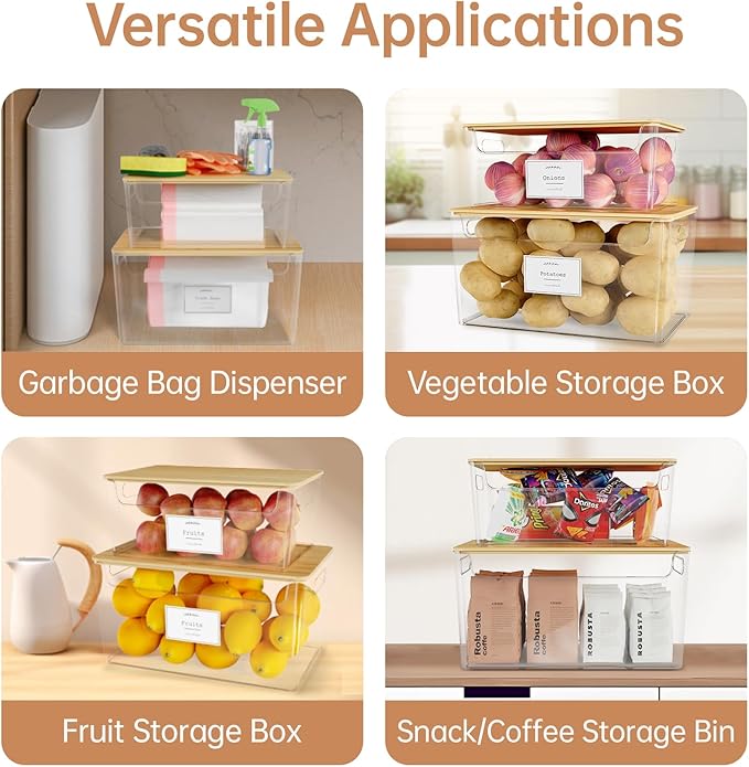 COAZEX 2 Pack Trash Bag Holder Under Sink Stackable, Plastic Garbage Dispenser with Lid, Trash Bag Storage Dispenser Roll Holder for Kitchen, Pantry, Laundry Room Organization