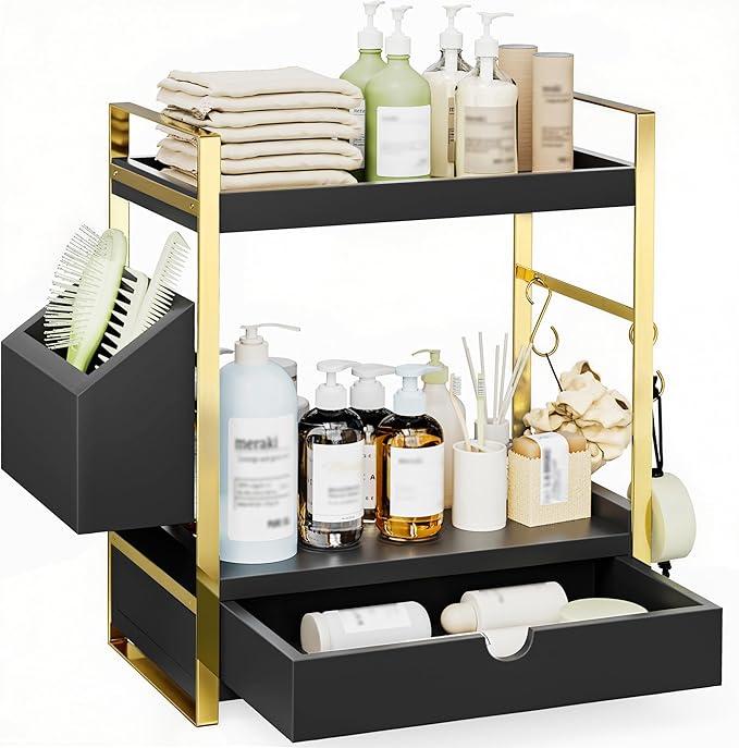 2-Tier Bathroom Counter Organizer with Drawer and Basket, Black-Gold