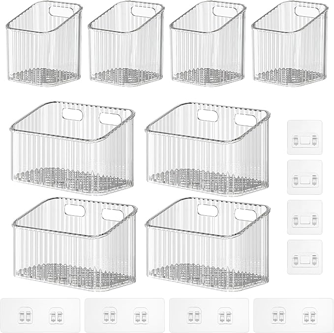 8 Pack Clear Wall Mounted Storage Bins, Acrylic Cabinet Door Organizer Baskets, Bathroom Wall Storage Organizer with Drain Hole, Adhesive Hanging Bins for Fridge Kitchen, BPA Free