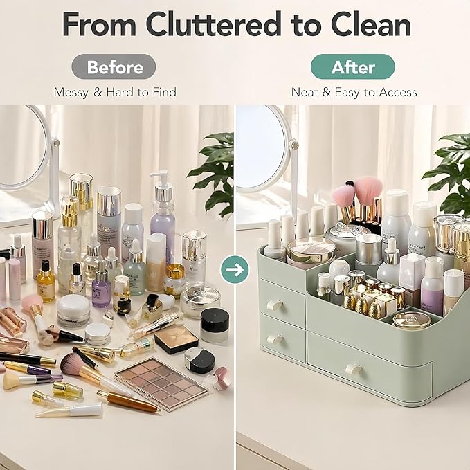 Makeup Organizer with 3 Drawers, Large Vanity Storage for Skincare, Perfume, Lipstick and Brushes, Countertop Cosmetic Holder for Bathroom, Dresser or Bedroom, Green