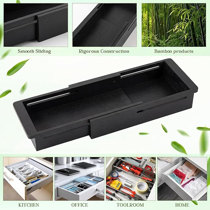 LemonRoad 1 Pcs Sliding Drawer Organizer Bin Bamboo Drawer Expandable Bins Utensil Organizer for Kitchen Spoons Forks Knives (Black)