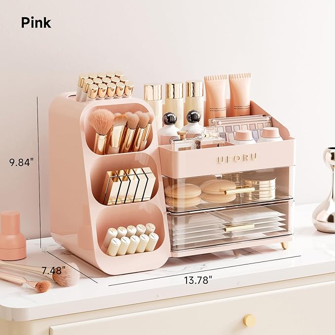 UFORU Makeup Organizer for Vanity with Brush Holder, Large Capacity Bathroom Countertop Skincare Organizer with 2 Drawers, Cosmetic Display Case for Perfumes, Eyeshadow Palettes, Nail Polishes