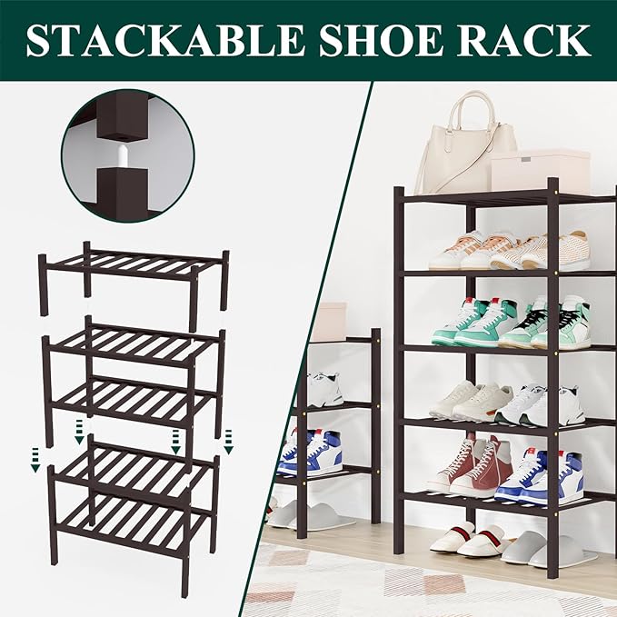 Smiry Small Bamboo Shoe Rack, 3 Tier Free Standing Wooden Shoe Organizer, Stackable Wood Shoe Storage Shelf for Closet, Entryway, 12 Vertical Slats, 2+1 Stack Standard Legs, 17.3"x11"x19.5", Brown