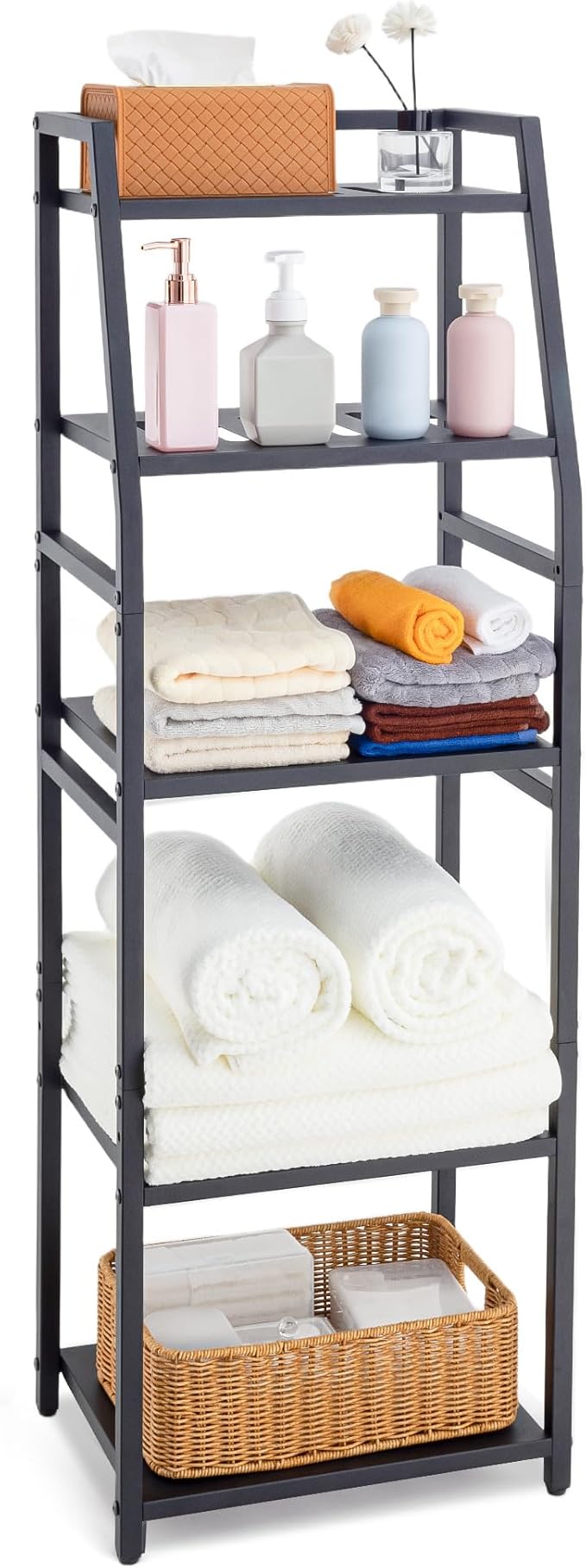Aquzee 5-Tier Bathroom Shelf, Tall Towel Storage Rack for Bathroom, Standing Shelving Metal Units, Height Adjustable Shlef Display Rack for Laundry Bathroom Kitchen, 15.75”W x 11.81”D x 47.24”H