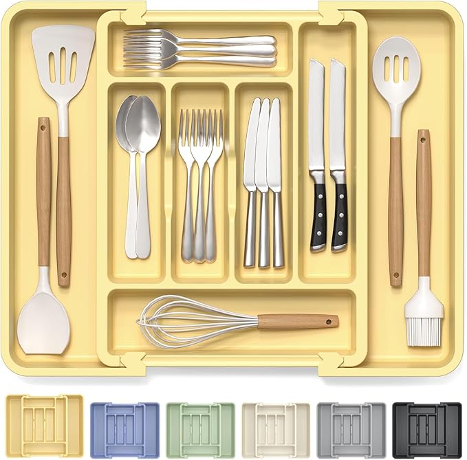 Caperci Large Silverware Organizer for Kitchen Drawer & Utensils - Expandable Drawer Organizer for Cutlery, Flatware & Gadget, BPA-Free Thick Plastic, Wider Compartments & Non-skid Feet (Desert Sand)