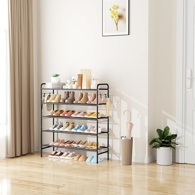 5 Tier Shoe Rack 33" Wide Metal Shoe Organizer Long Shoe Storage with 4 Side