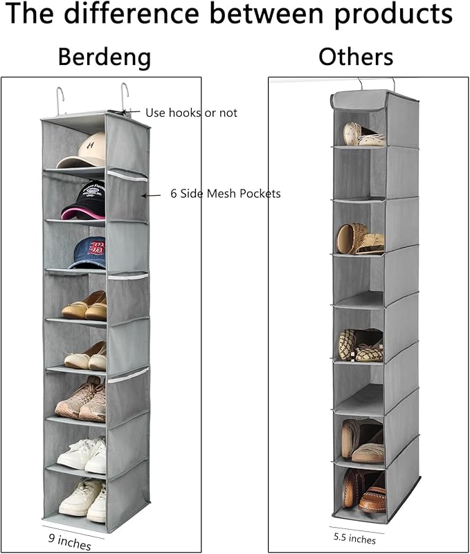 Berdeng Hanging Shoe Organizer for Closet with Side Mesh Pockets，Hat Racks for Baseball Caps，Shoe and Hat Holder & Storage，8-Shelf，Gray，2 Pack