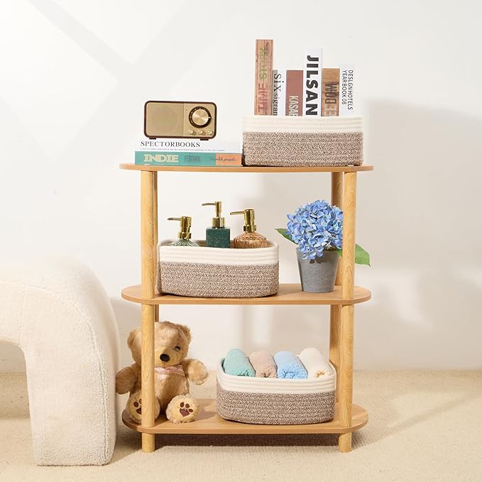 MiniArk Small Storage Baskets for Organizing | Closet Organizer Bins | Shelf Toy Basket | Woven Rope Baskets | Cube Decorative Box | Shallow Basket | 11.5x7.5x4.7” | 3 Packs White Brown