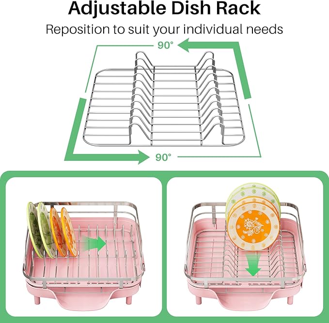 Dish Drying Rack, Expandable Dish Rack for Kitchen Counter, Pink