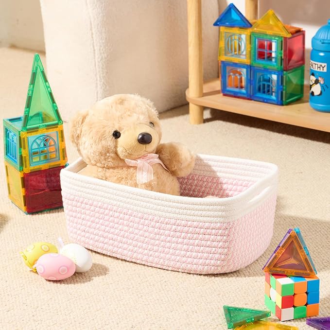 MiniArk Small Storage Baskets for Organizing | Closet Organizer Bins | Shelf Toy Basket | Woven Rope Baskets | Cube Decorative Box | Shallow Basket | 13x8.5x5.1” | 4 Packs White Pink