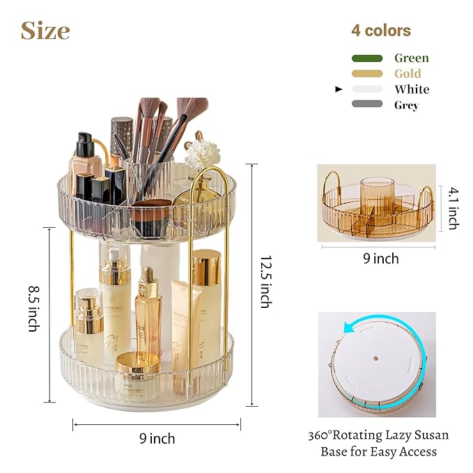 360 Rotating Makeup Organizer for Vanity, White