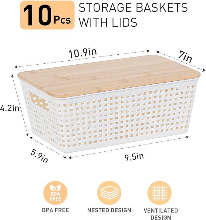 Storage Bins with Lids 10 Packs, Plastic Storage Bins with Bamboo Lids for Pantry Organization and Storage Containers for Shelves Drawers Desktop Closet Playroom Classroom Office Home, White