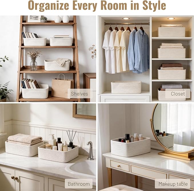 5 Pack White Small Woven Storage Baskets for Shelves, Cotton Rope Baskets Organizer for Bathroom, Closet & Nursery, Decorative Storage Bins for Organizing Socks, Toys, 11.8"x7.9"x4.7"