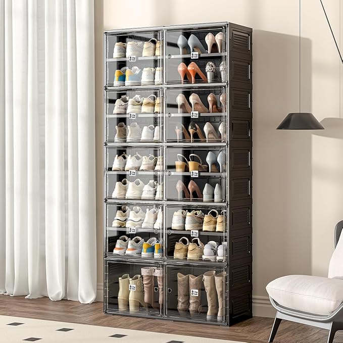 Vipbox Shoe Rack Organizer Cabinet for Closet Entryway,Clear Shoe Storage Boxes Stackable Sneaker Storage with Door Easy Assembly Black Shoe Cabinet with Lids Large 9 Tiers 36 Pairs