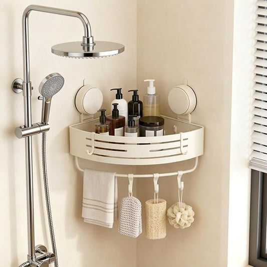 No-Drilling Corner Suction Cup Shower Caddy(1-Pack Cream White)
