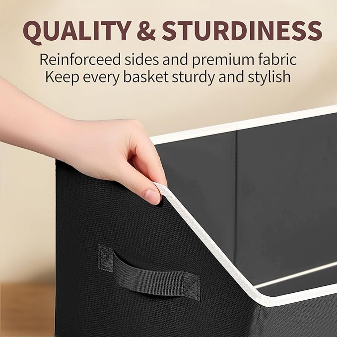 Homsorout Storage Bins for Shelves - Large Trapezoid Closet Shelf Organizer, Fabric Organization Bins with Handles, Storage Baskets for Clothes, Towel, Blanket, 4 Pack, Black