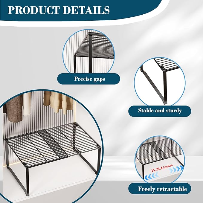 Extendable Metal Wire Shelf Organizer - Adjustable 15-24.4in Length, Stackable Storage Rack for Kitchen/Pantry/Bathroom/Shoe Cabinet/Tool Closet (2, White)