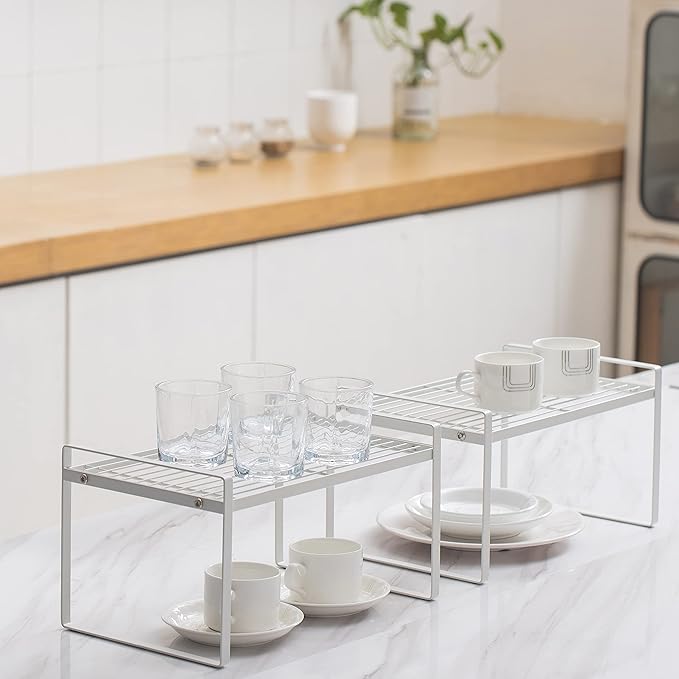 Shantton 2Pack Kitchen Cabinet Shelf Counter Organizer Rack Pantry Storage Bathroom Bedroom Office Table Desk Space Saving Stackable Rust Resistant Non Slip White Wide L13.1in W10.6in H7.3in