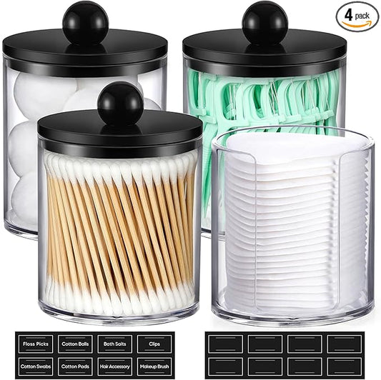4 Pcs, Acrylic Qtip Holder Dispenser for Cotton Swab, Ball, Clear & Black
