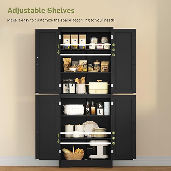 TEENFON 67” Storage Cabinet, Kitchen Pantry Cabinet with 4 Doors and 2 Adjustable Shelves, Cupboard, Tall Bathroom Cabinets for Living Room, Kitchen, Bathroom, Black