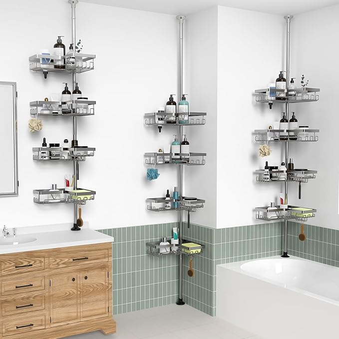 Corner Shower Caddy Tension Pole with Soap Dish & Razor Holder
