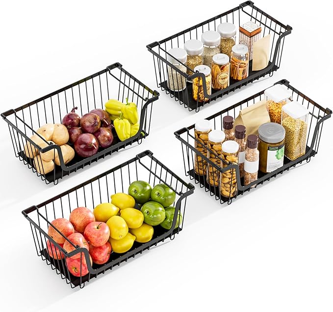 4 Pcs Stackable Wire Baskets for Pantry Organizers and Storage