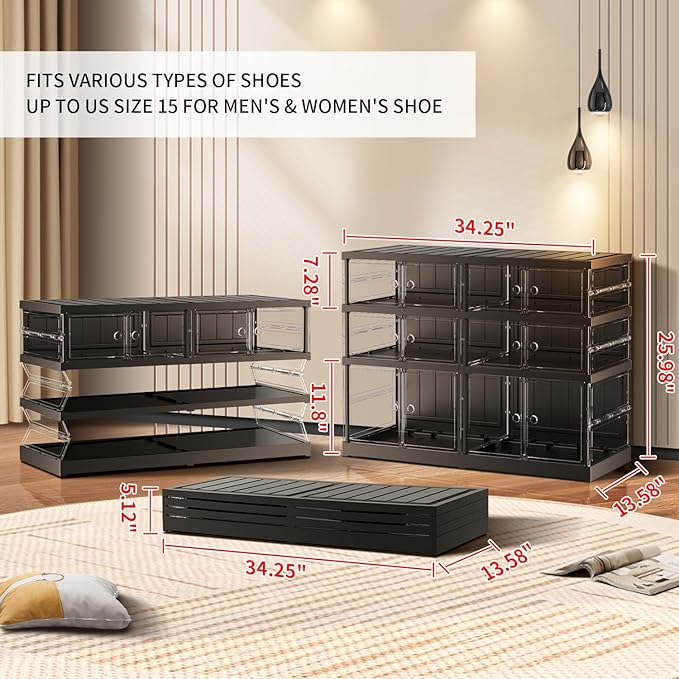 CIMLORD 3 Tier Foldable Shoe Rack for Closet Entryway 6-12 Pairs Stackable Clear Shoe Storage Boxes with Lids Shoes Shelf with Door Plastic Organizer Cabinet Easy Assembly Black