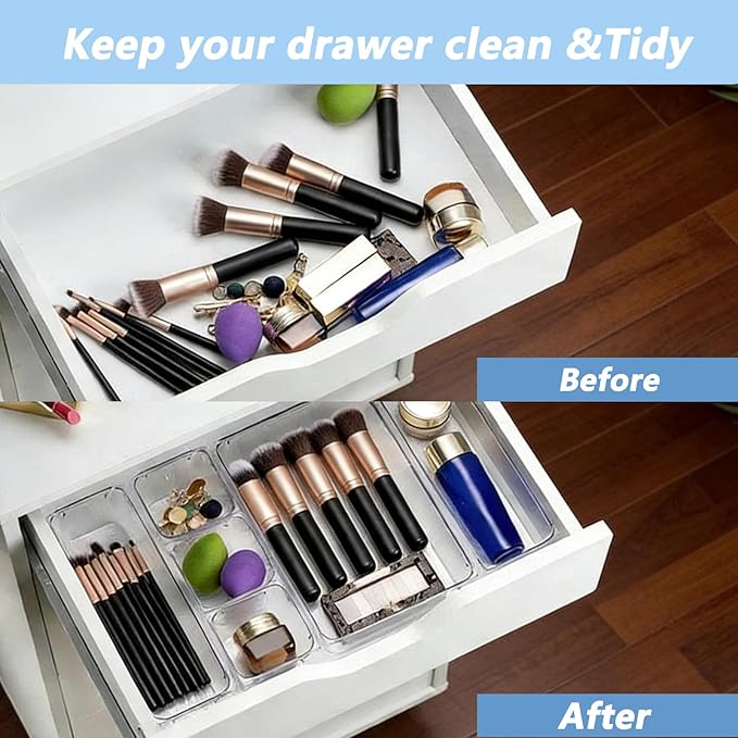 15 PCS Clear Drawer Organizer Set, 4 Sizes Desk Drawer Storage Bins, Divider Trays for Makeup, Vanity, Bathroom, Kitchen, Office