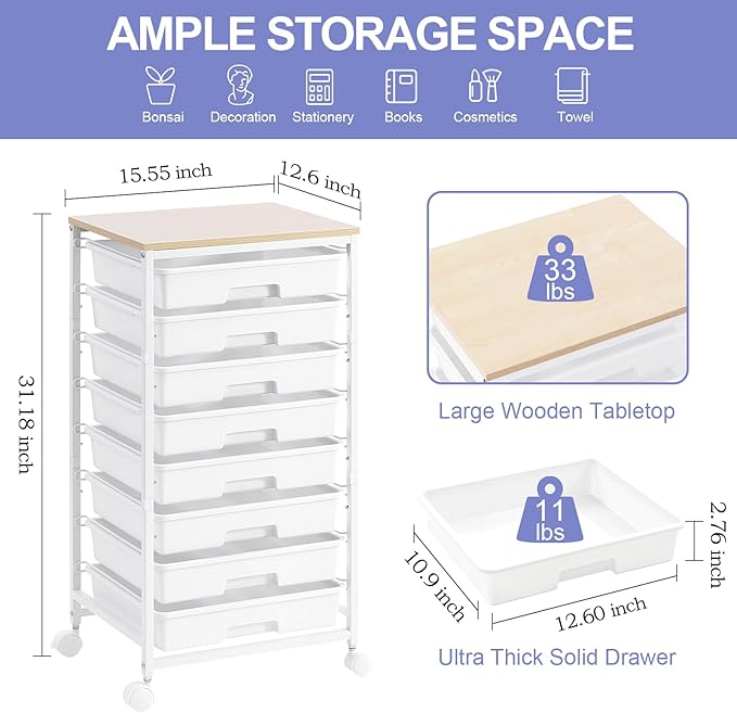 SYKIARIOL Rolling Storage Cart with Drawers,Utility Cart With 8 Drawers and Wooden Tabletop,Rolling Drawer Cart,Storage Drawer Cart for Living Room,Classroom,Bedroom,Bathroom,Dorm,Office,White