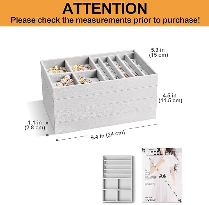 ProCase Stackable Jewelry Organizer Trays for Drawers, Jewelry Drawer Inserts Container Display Case Storage for Earring Necklace Rings Bracelet with Removable Dividers -Grey, 4 Layers