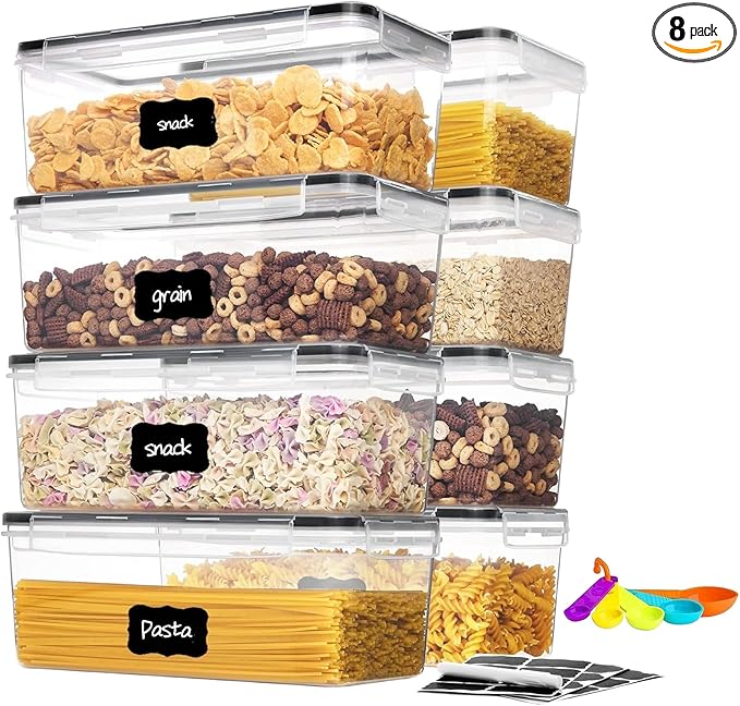 Airtight Food Storage Containers with Lids, 3.2L BPA-Free Plastic Canisters for Spaghetti, Cereal, Oats & Kitchen Pantry Organization, 8 Pack