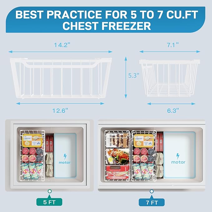 SUNALLY Freezer Organizer Bins, 4 Pack Chest Freezer Organizer Stackable for 5-7 Cu.FT Deep Freezer Sort Frozen Meats and Food, Freezer Storage Baskets with Handles Easy Reach from Bottom, White