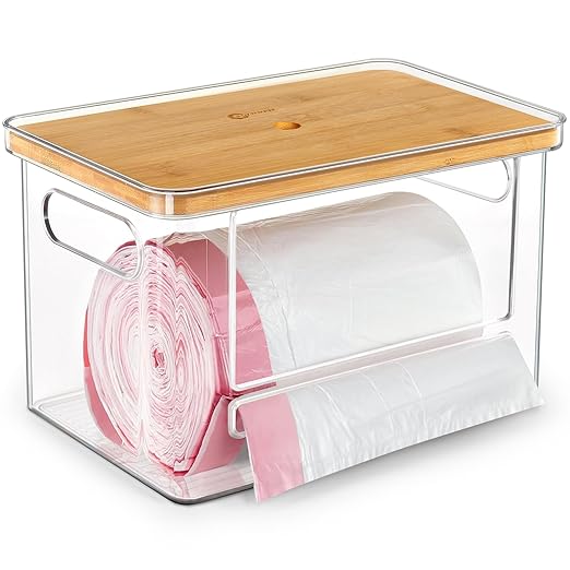 Stackable Trash Bag Dispenser with Wooden Top for Holding 13/30/33-Gallon Large Bag Sizes – Extra-Large Garbage Bag Holder with Anti-Slip Base, Trash Bag Dispenser Under Sink (11.5"x7.5"x7" inches)