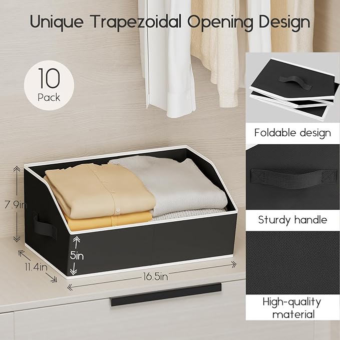 Homsorout Large Closet Organizers and Storage Bins - 10 Pack Trapezoid Storage Baskets for Shelves, Foldable Fabric Baskets with Handles Ideal for Closet, Basket, Wardrobe and Shelf Storage, Black