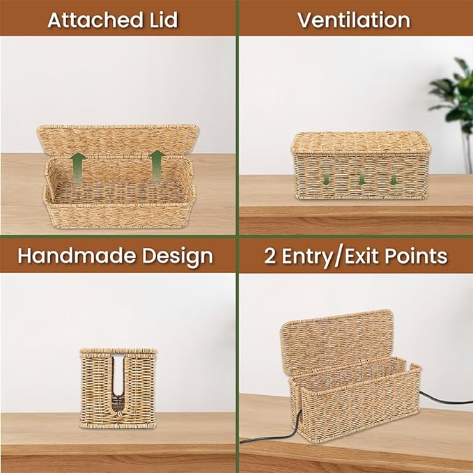 Cable Management Box, Handmade Rattan Cable Organizer with 2 Open Slots, Natural