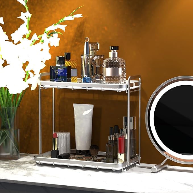Counter Organizer for Bathroom, Kitchen or Coffee Bar, Metal Shelf with Faux Marble, Vanity Countertop Makeup Storage, Dresser Perfume Display Rack, Toilet Tank Tray (Matte Nickel, 2-Tier)