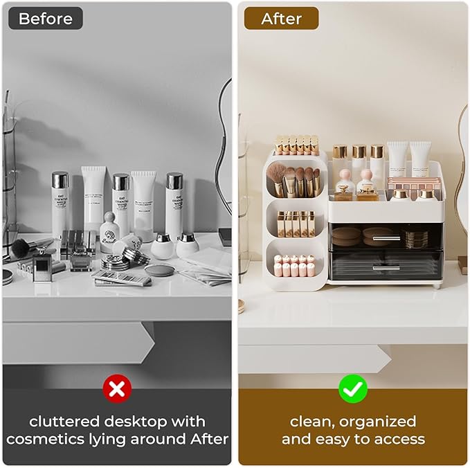 UFORU Makeup Organizer for Vanity with Brush Holder, Large Capacity Bathroom Countertop Skincare Organizer with 2 Drawers, Cosmetic Display Case for Perfumes, Eyeshadow Palettes, Nail Polishes