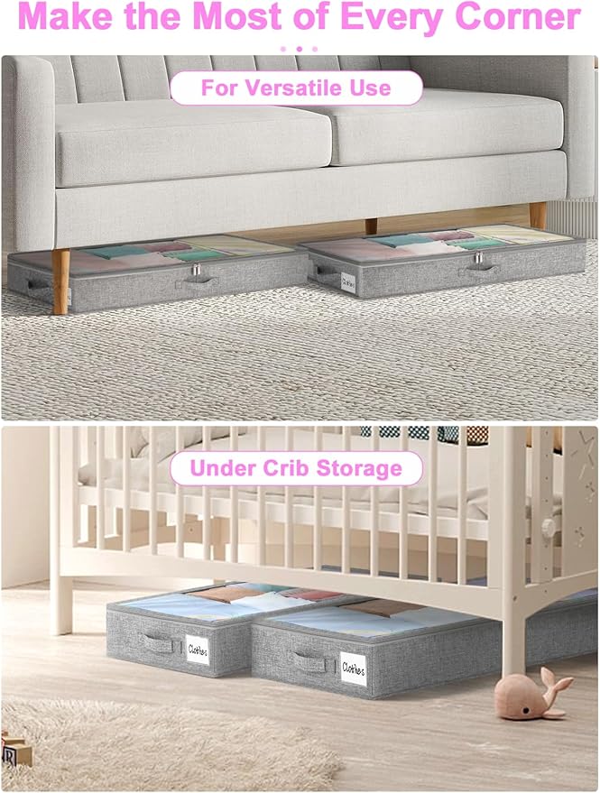 punemi 4 inches Under Bed Storage Containers, Low Profile Underbed Storage, NO STRUCTURE, Soft Foldable Underbed Cloth Storage Bags, Zipper Blanket Storage Container, 2Pack, Grey, 20x40x3.7in