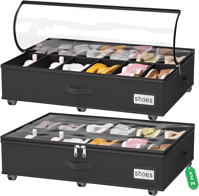 Under Bed Shoe Storage with Wheels, Fits 24 Pairs, Black